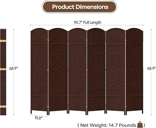 Miniatura 7 de Duraspace Divisor de habitación de 6 paneles de 6 pies de alto, pantalla de privacidad de fibra de tejido independiente, doble bisagra, separadores