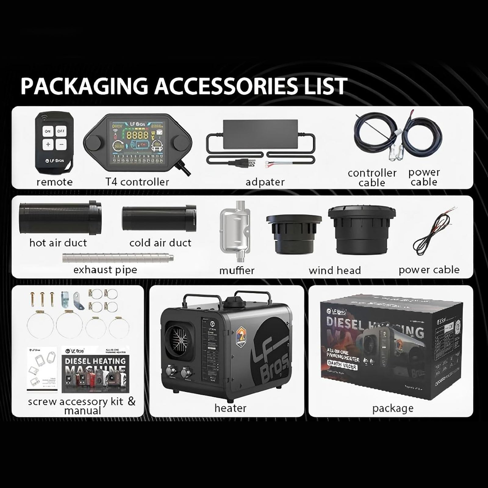 LF Bros Réchauffeur D'air Diesel 5KW, Version Plateau 12V/220V Chauffage Diesel de Stationnement, Chauffage Portable avec Minuterie Interrupteur LCD pour Camping, Tente, Bateau (Noir)