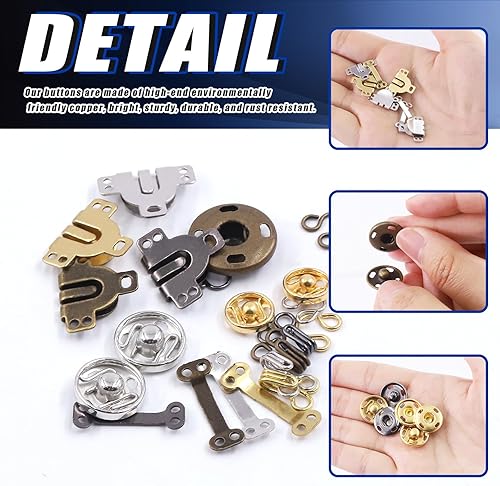 Miniatura 4 de Glarks 152 pares de ganchos y ojos de costura de 3 estilos con kit de broches para coser, 4 colores de cierres de gancho y ojal, botones a presión,