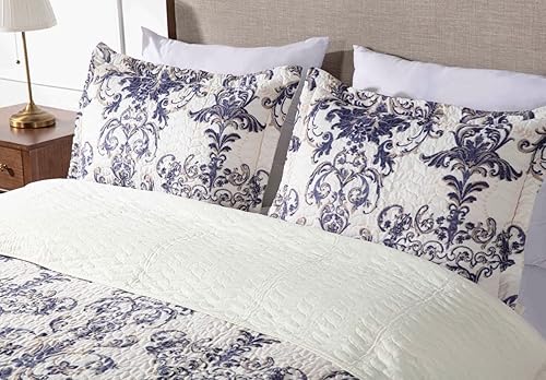 Miniatura 5 de Chezmoi Collection Chloris - Juego de edredón de 3 piezas con estampado de medallones florales, colcha de microfibra prelavada, color azul marino,