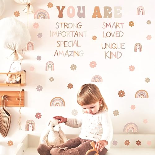 Miniatura 6 de Calcomanías de pared con cita inspiradora, diseño de flores y arco iris, para dormitorio de niños y niñas, calcomanías de pared con frase positiva,