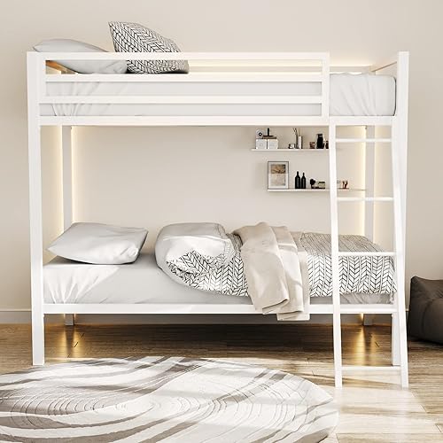 Miniatura 3 de ikalido Litera tipo loft de metal, tamaño individual sobre individual, con barandilla de seguridad y escalera, no necesita somier, muebles de Blanco