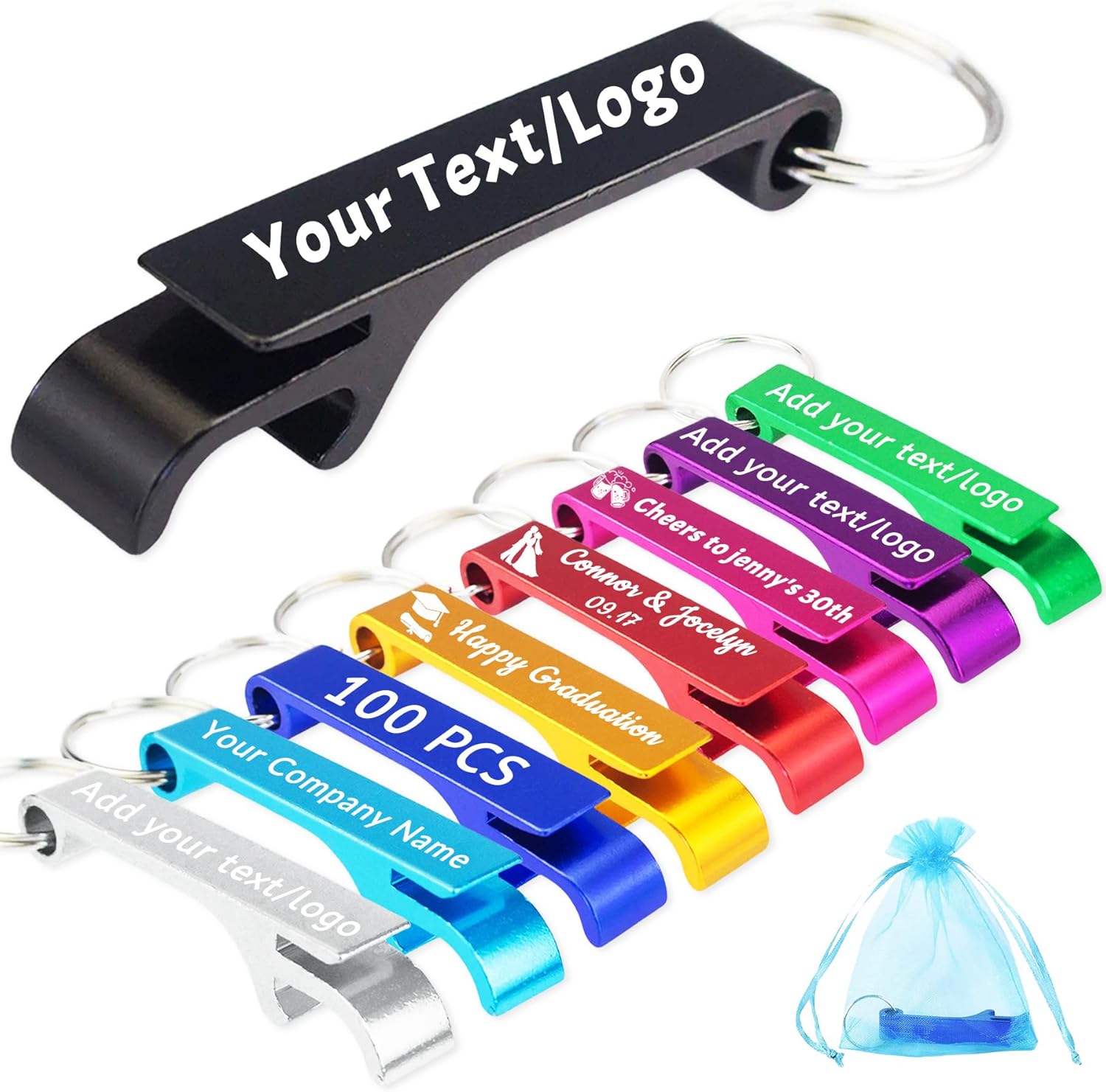 100Pcs Personalized Bottle Opener Keychains Bulk Custom Beer Bottle Opener Engraved Text/Logo for Bar Birthday Graduation Wedding Party Favors Customized Gift (100)