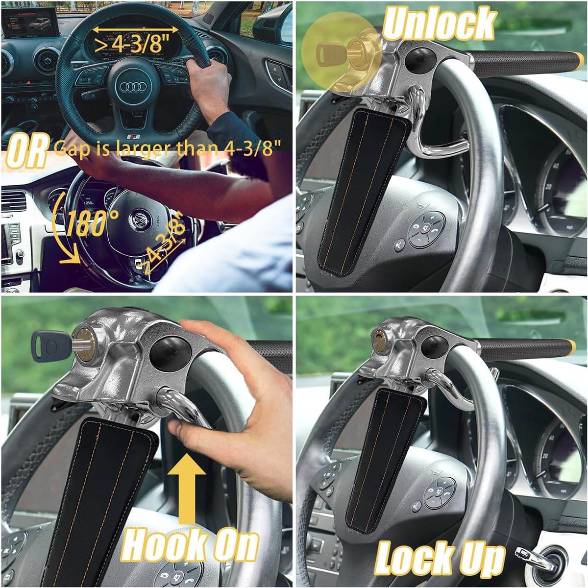 Auto-Lenkradschloss Diebstahlsicherung mit Sicherheitshammer, universell passend für Autos, 3 Schlüssel, Silber