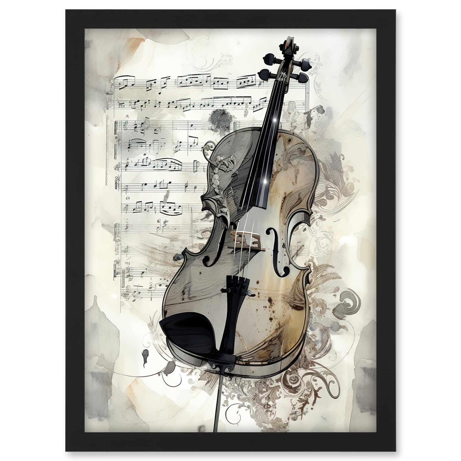 Artery8 Violin Instrument and Sheet Music Modern Monochrome Watercolour Illustration Artwork Framed A3 Wall Art Print