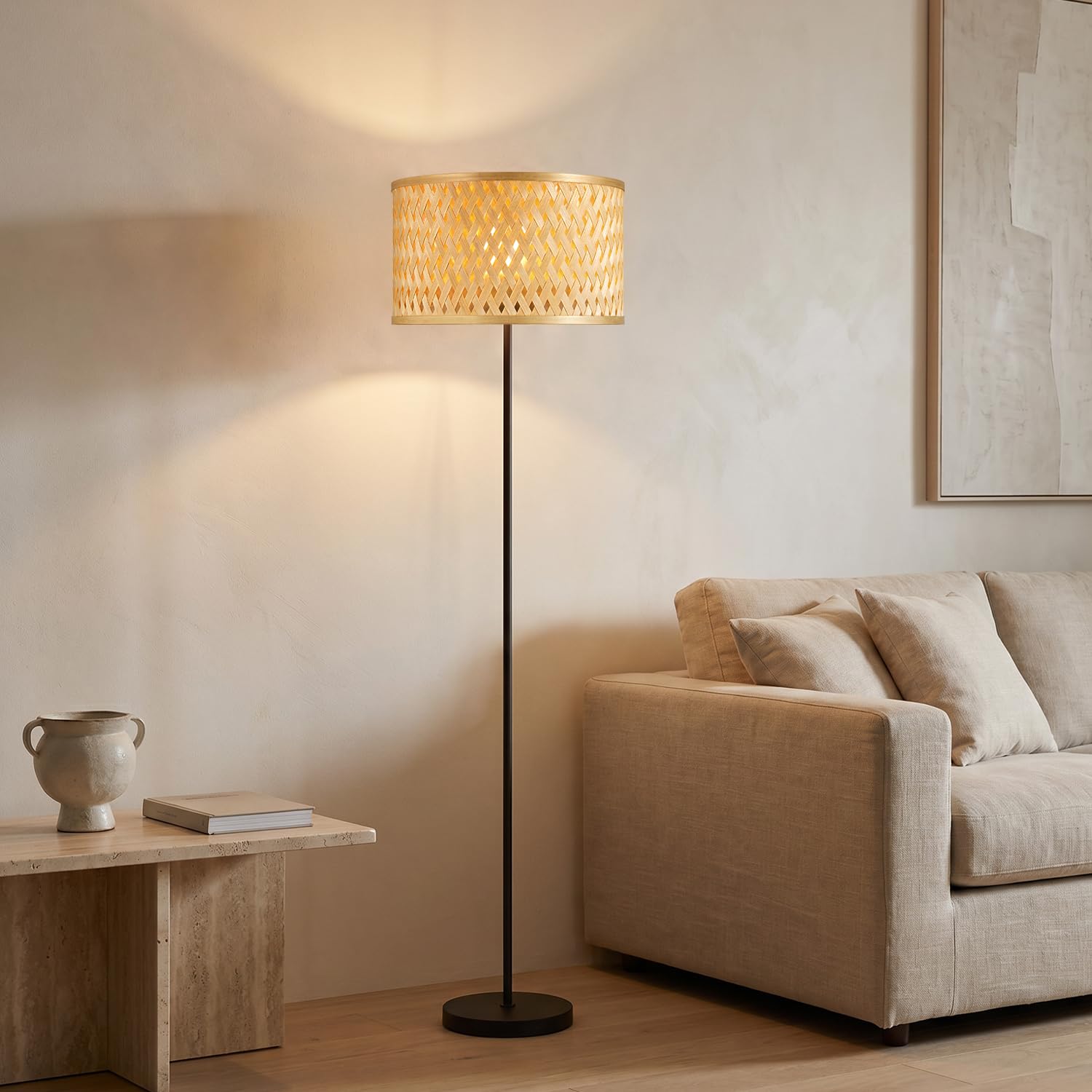 Home Sweet Home Abat-jour en bambou Boho | Beige | ø40 x 22 cm, douilles E27 | Peut être utilisé avec une suspension et des lampadaires | Convient pour le salon ou la salle à manger