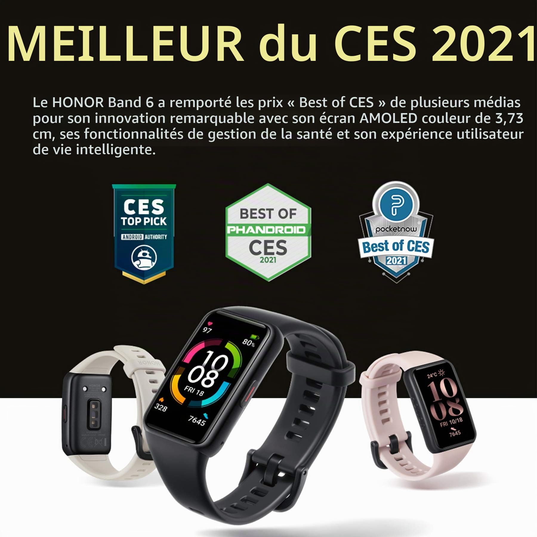 HONOR Band 6 Bracelet intelligent Plein écran 1.47 "AMOLED Écran tactile couleur SpO2 Fréquence cardiaque Sommeil Stress Natation Activité Tracker Version globale, Noir