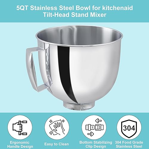 Miniatura 4 de IAGREEA Tazón de acero inoxidable para mezclador KitchenAid de 4.5 a 5 cuartos de galón, con mango de alta calidad 304, mezcladores de repuesto,