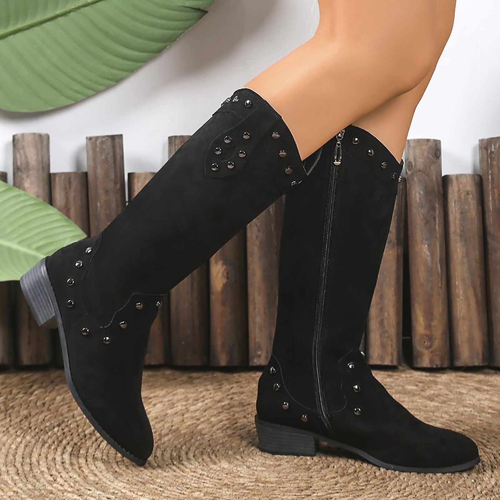 Generisch Cowboystiefel Damen Westernstiefel Herbstschuhe Overknees Stiefel Hoch Wasserdichte Schuhe Weitem Schaft Festival Cowboy Boots Vintage Stiefeletten Schlupfschuhe Blockabsatz Cowboystiefel