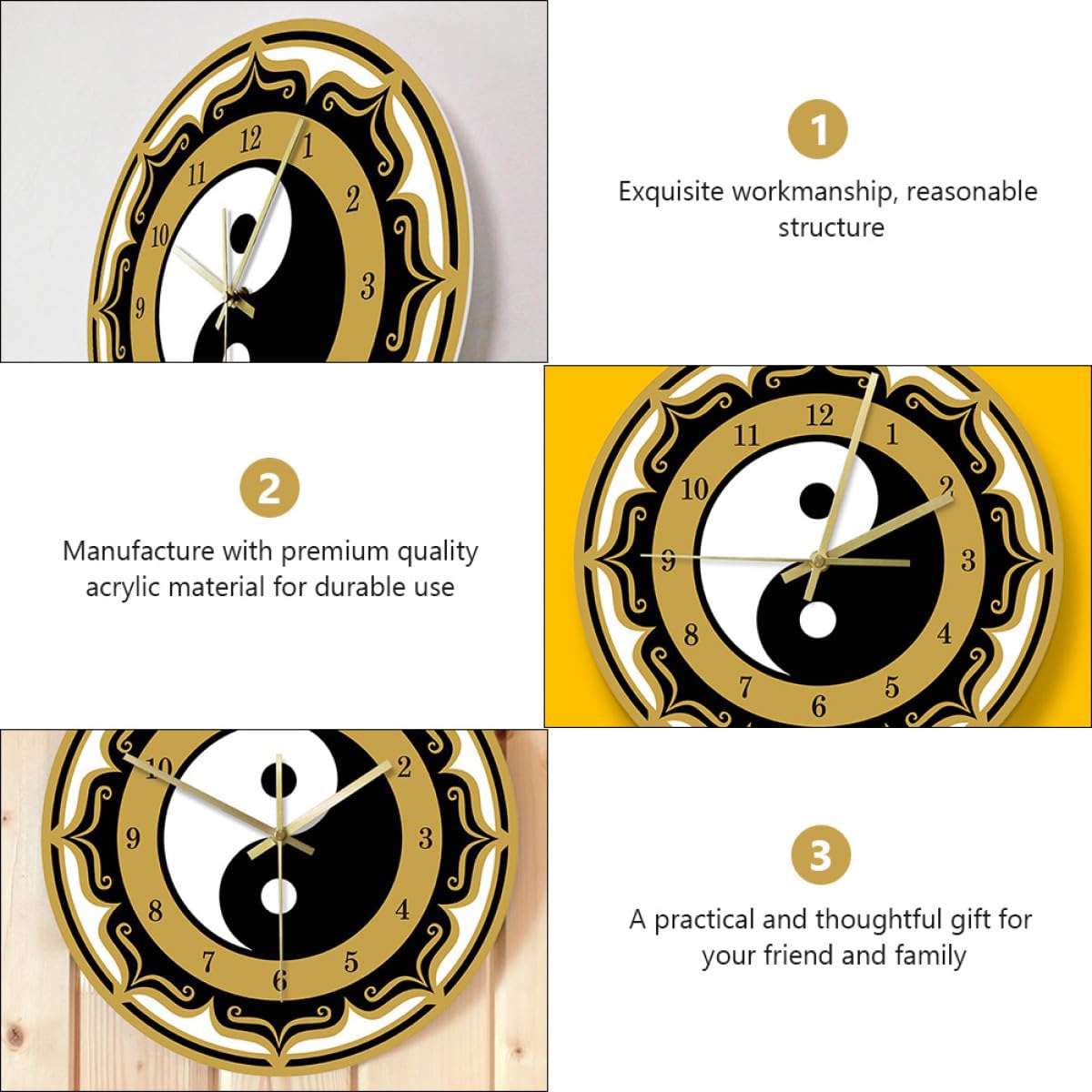 HANABASS Leise Hängeuhr mit Yin-Yang Muster aus Acryl Wandmontiert Elegante Digitale Wanduhr für Wohnzimmer und Büro Moderne Dekorative Uhr