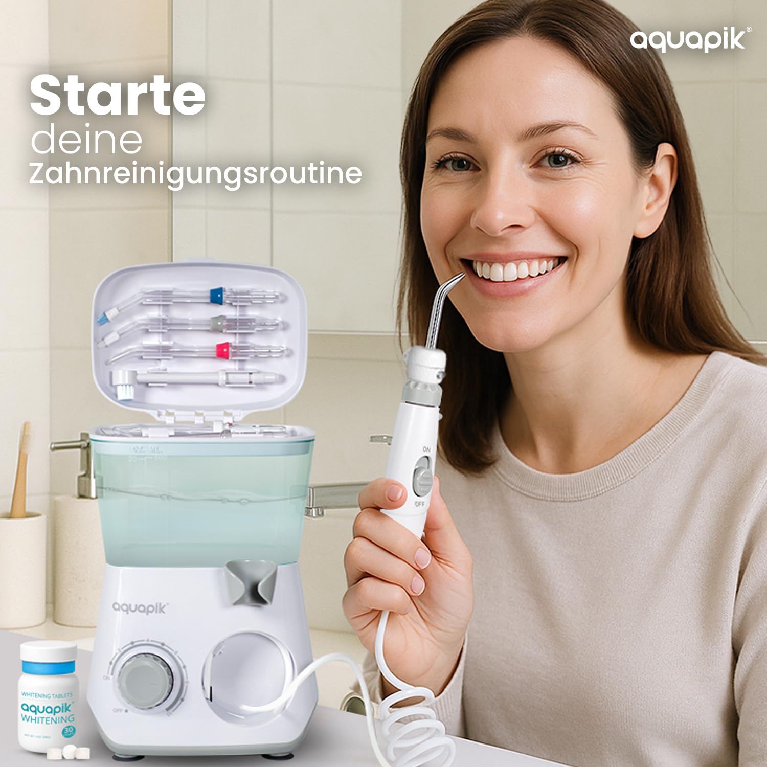 Aquapik® ADVANCED Munddusche | Ideal für Zahnspangen, Implantate und empfindliches Zahnfleisch | Aufhellungs-Kit entfernt Flecken | 10 Druckstufen | 10 Düsen | Von Zahnärzten empfohlen.
