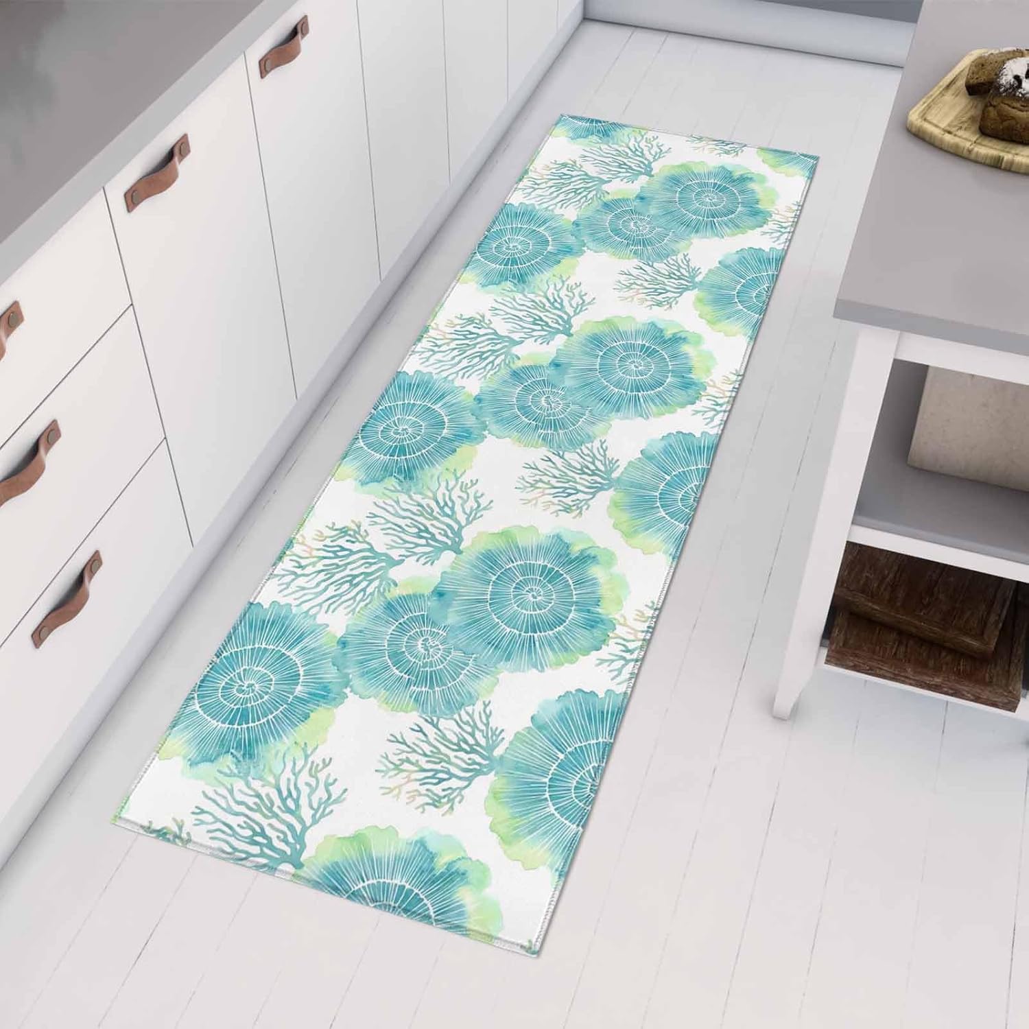 Teamery Kitchen Mats for Floor Watercolor Green Coral Shells Conch Washable Non Slip Kitchen Rugs 1PCS, Abstract Marine Life Absorbent Standing Mats for Sink Bathroom Office Living Room 15.7x47.2in