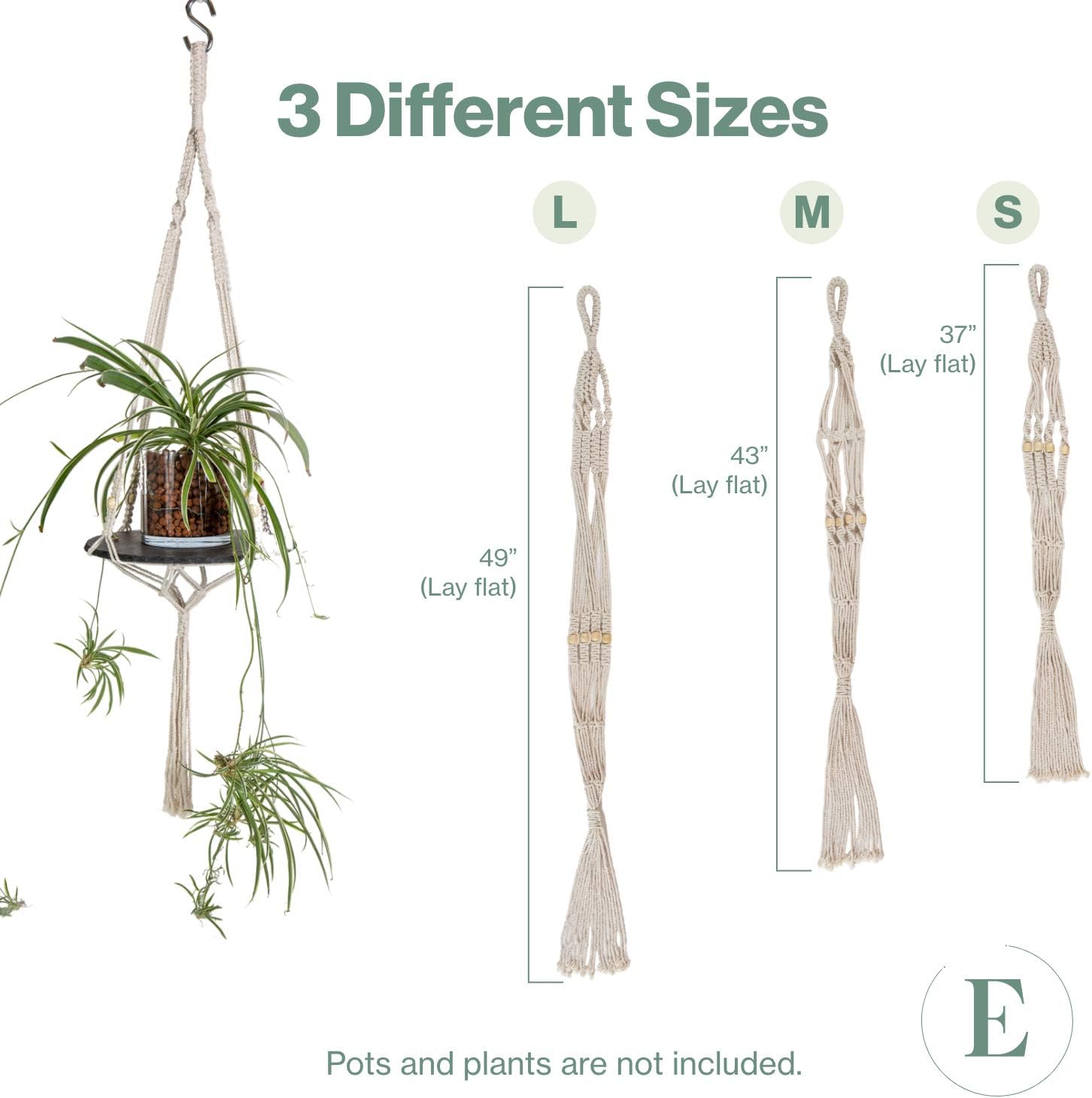 Encore Essentials 3 Pack Macrame Plant Hangers - 3pc Woven Indoor Outdoor Cotton Hanging Crochet Hangers - Boho Hanging Ceiling Planter Baskets for Flower Pots w/Tassels & 2 Hooks