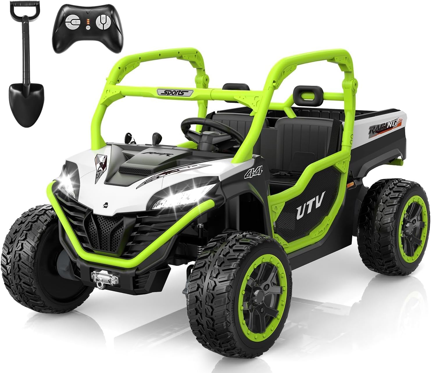 ANPABO 24V 2 Seater Ride On Dump Truck, 4x75W, Max 5 Mph, EVA Tire, Kids Electric Car with Electric Dump Bed, Shovel, Music, Ride on Toy for Big Kids w/Parent Remote Control for Ages 3-8, Green