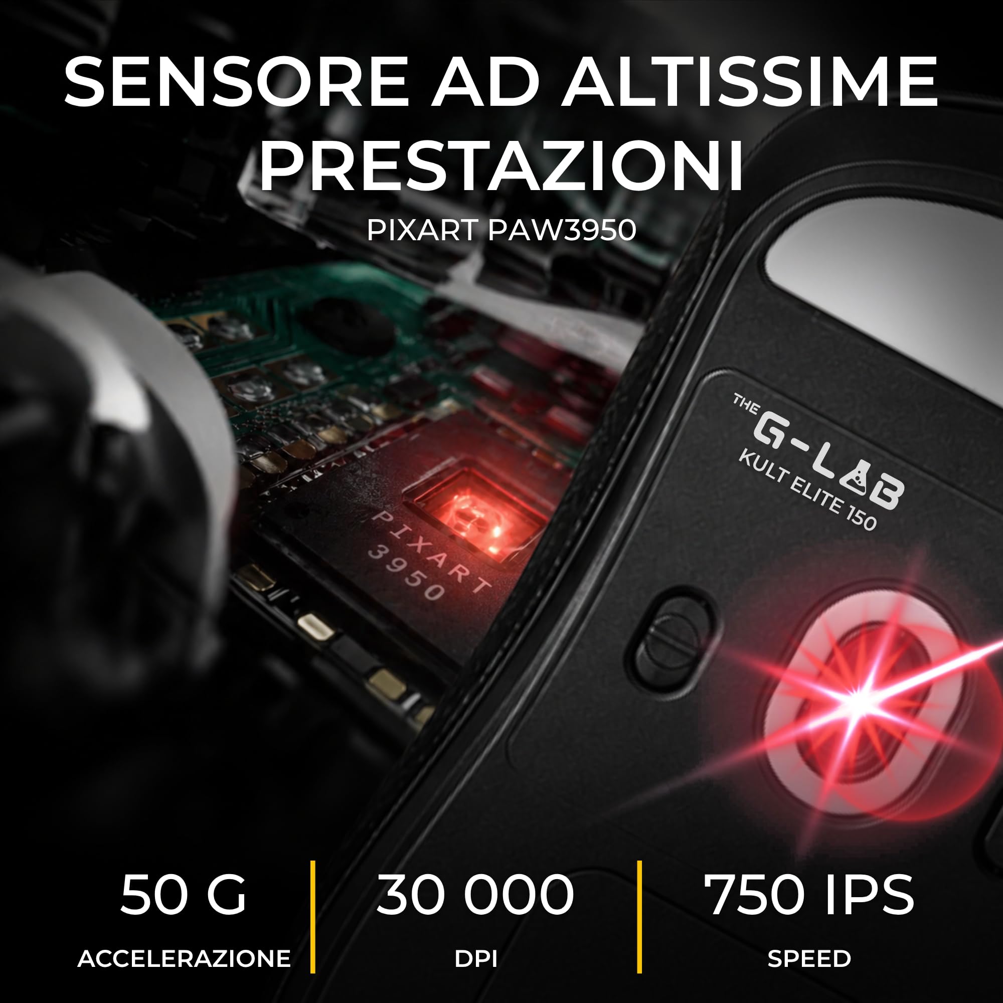 THE G-LAB Kult Elite M150 - Mouse Gaming Sensore Ottico PixArt 3950, 30.000 DPI, 8.000 Hz - Mouse Wireless Tri-Mode 2,4 GHz/Bluetooth/Cablato - 200 Ore di Autonomia, 2 Batterie e Grip - Software