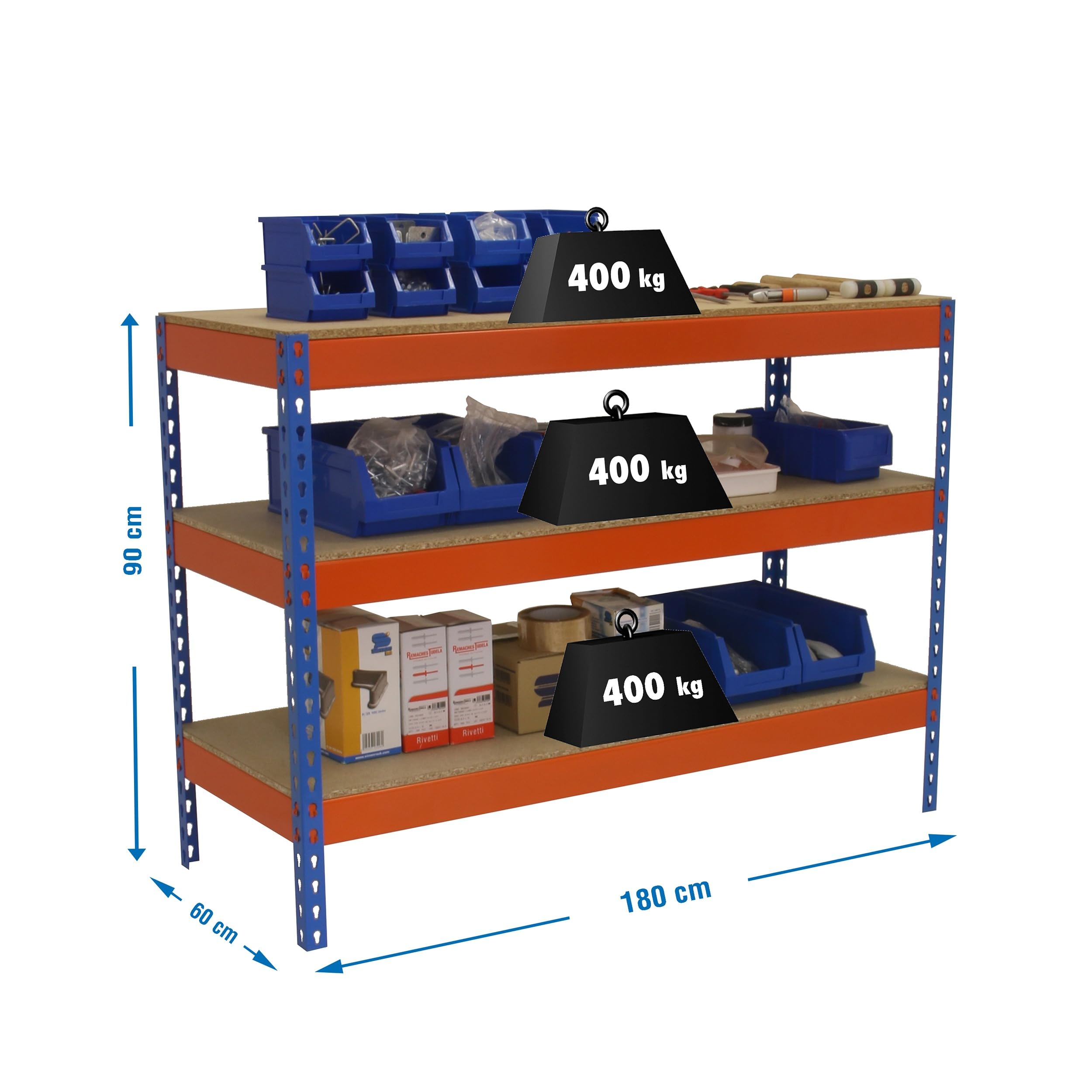 Simon Rack Banco de Trabajo Taller 1800x600 mm - BT Basic | Capacidad Carga 400 kg, Montaje sistema clic, Pintura anticorrosión, Azul/Naranja