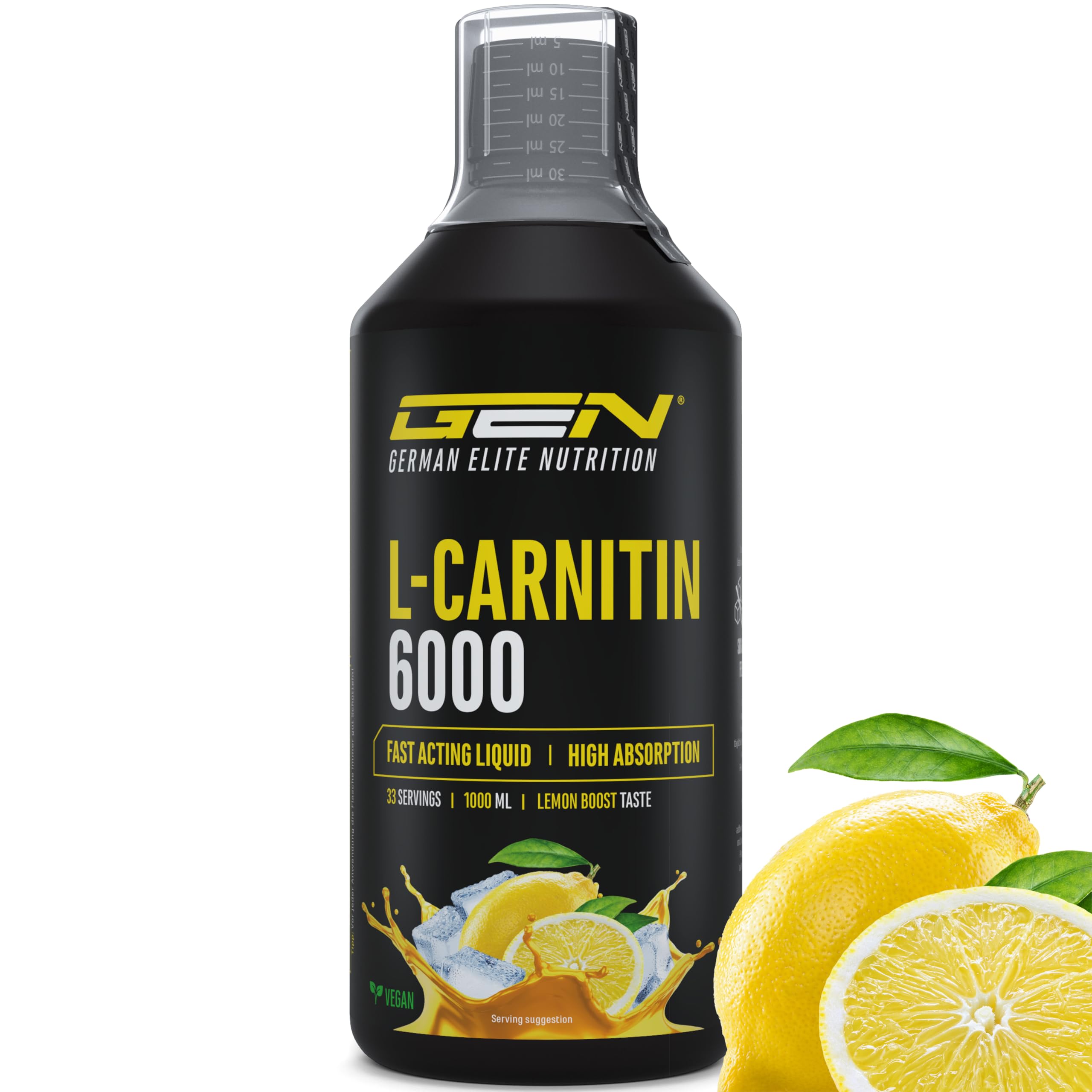 L-Carnitina 6000 Liquido - 1000 ml - Dosaggio extra elevato con 6000 mg di L-carnitina pura per dose giornaliera - Bevanda aminoacida per l'allenamento - Gusto delizioso (Lemon Boost) - Vegano