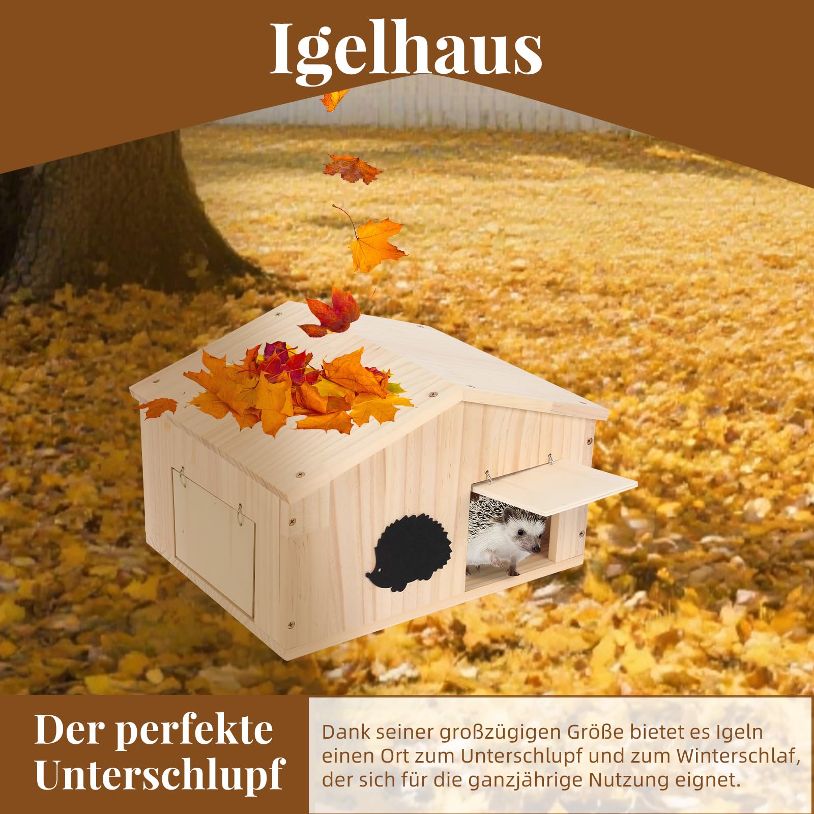Igelhaus Holz mit Rattenklappe und Boden, Winterfestes Igelhotel für Garten
