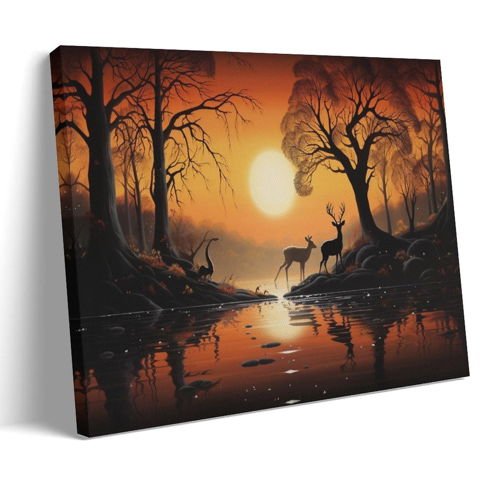FYFMUSHE Abstract Woods Deer Canvas Wall Art Paintings Beautiful Sunset River Scenery Pictures on Canvas Prints Framed Ready to Hang Artwork for Bedroom Home Decor 08x12inch(20x30cm)