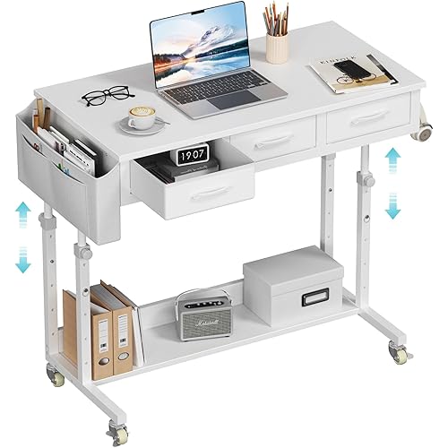 White Portable Rolling Computer Desk - 40 Inch Adjustable Mobile Standing Teacher Desks with 3 Fabric Drawers on Wheels, Couch Sofa Side Laptop Stand Up Table with Storage for Home Office, White