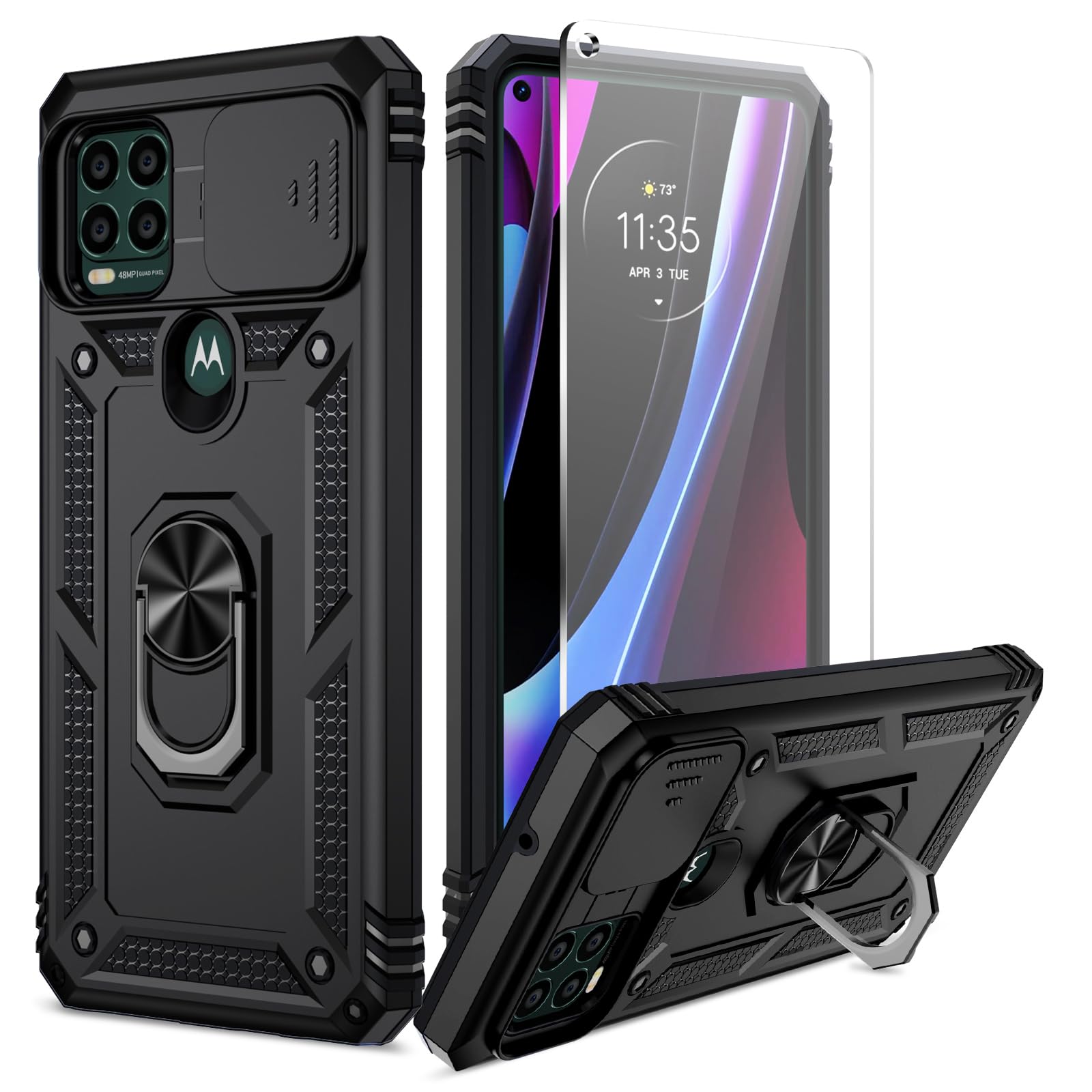 for Moto G Stylus 5G Case（2021）, Camera Lens Cover, HD Screen Protector, 10 FT Military Grade Drop Protection, Magnetic Ring Holder Kickstand