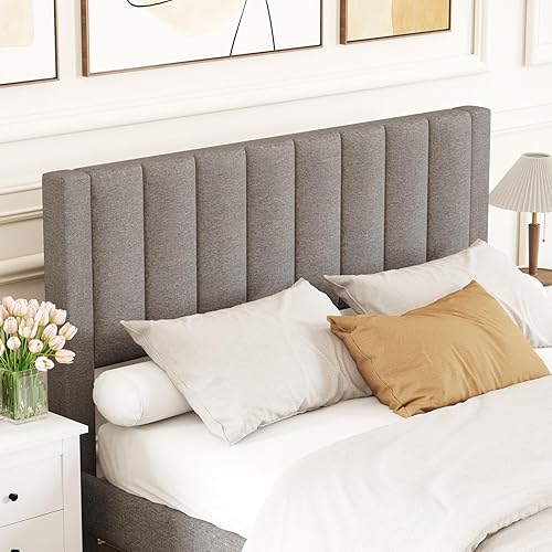 Miniatura 8 de Giantex Base de cama tamaño Queen con cajón de almacenamiento, plataforma de tela tapizada con cabecera de canal vertical, base de colchón de