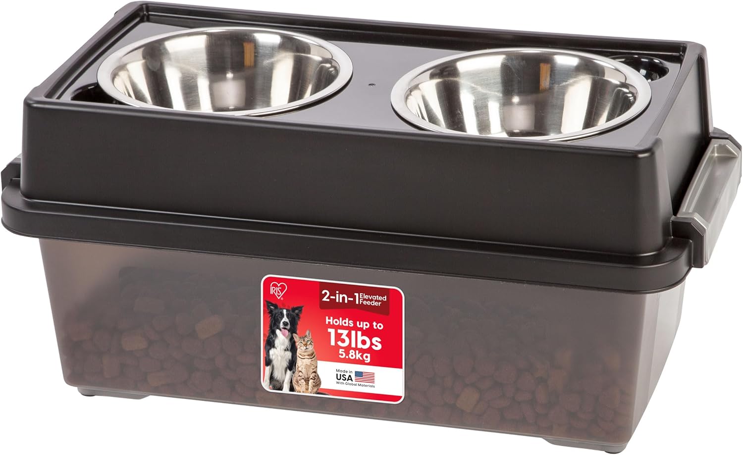 IRIS USA Elevated Dog Bowls with Storage, 9" H Raised Bowl for Small Dogs, Airtight Pet Food Storage Holds Up to 13 lbs, at Home or Camping, Smoke/Black Medium - 9"H Smoke