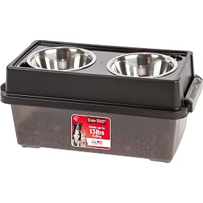IRIS USA Elevated Dog Bowls, 15" H Raised Bowl for Large Dogs, Airtight Pet Food Storage Holds Up to 47 Lbs, 2 Removable 64 oz Stainless Steel Bowls, at Home or Camping, Dark Gray