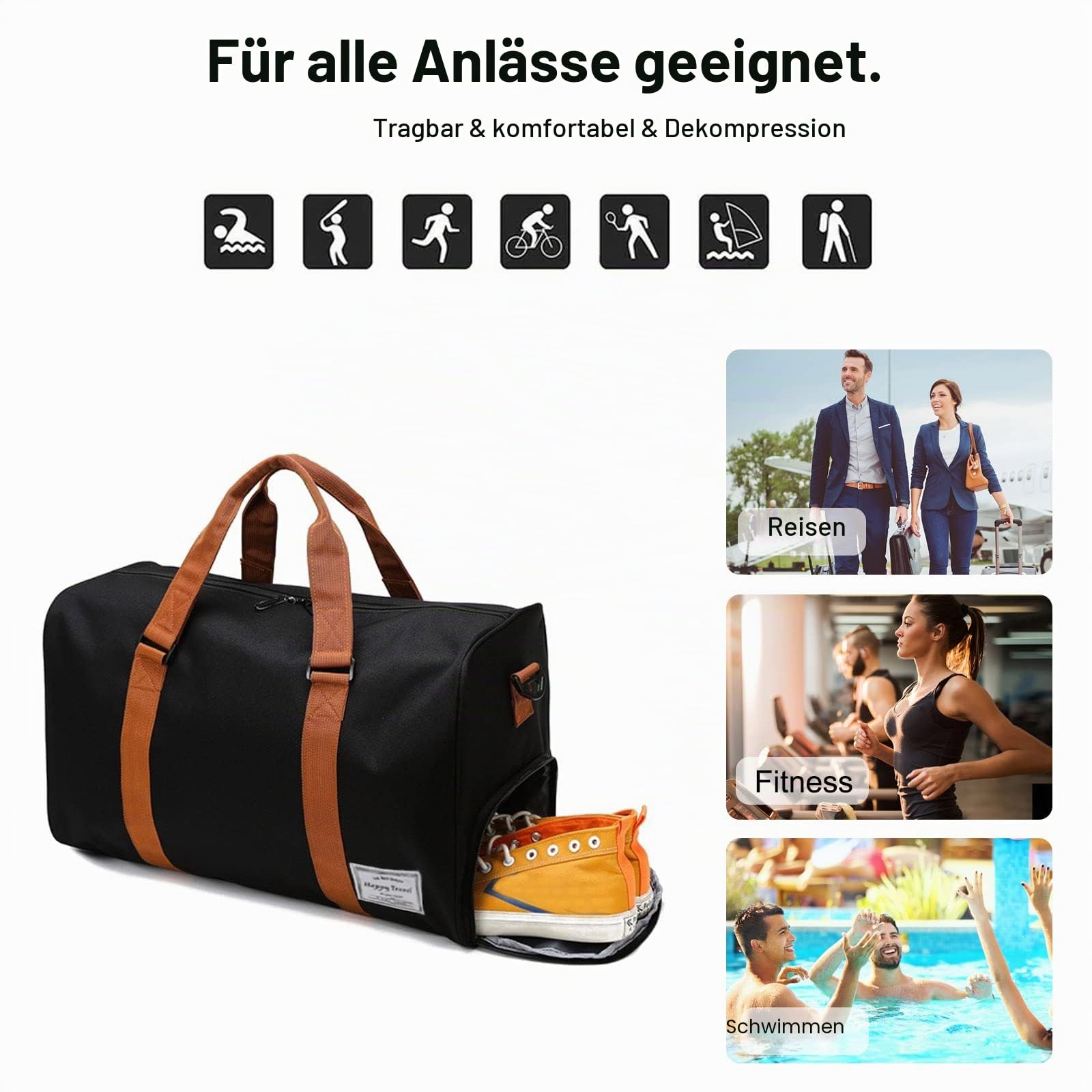 FANDARE Reisetaschen Sporttasche Damen Umhängetasche Herren Handgepäck Schultertasche Übernachtung Sporttasche Weekender Schwimmtasche Große Kapazität Trainingstasche mit Schuhfach Dunkelbraun