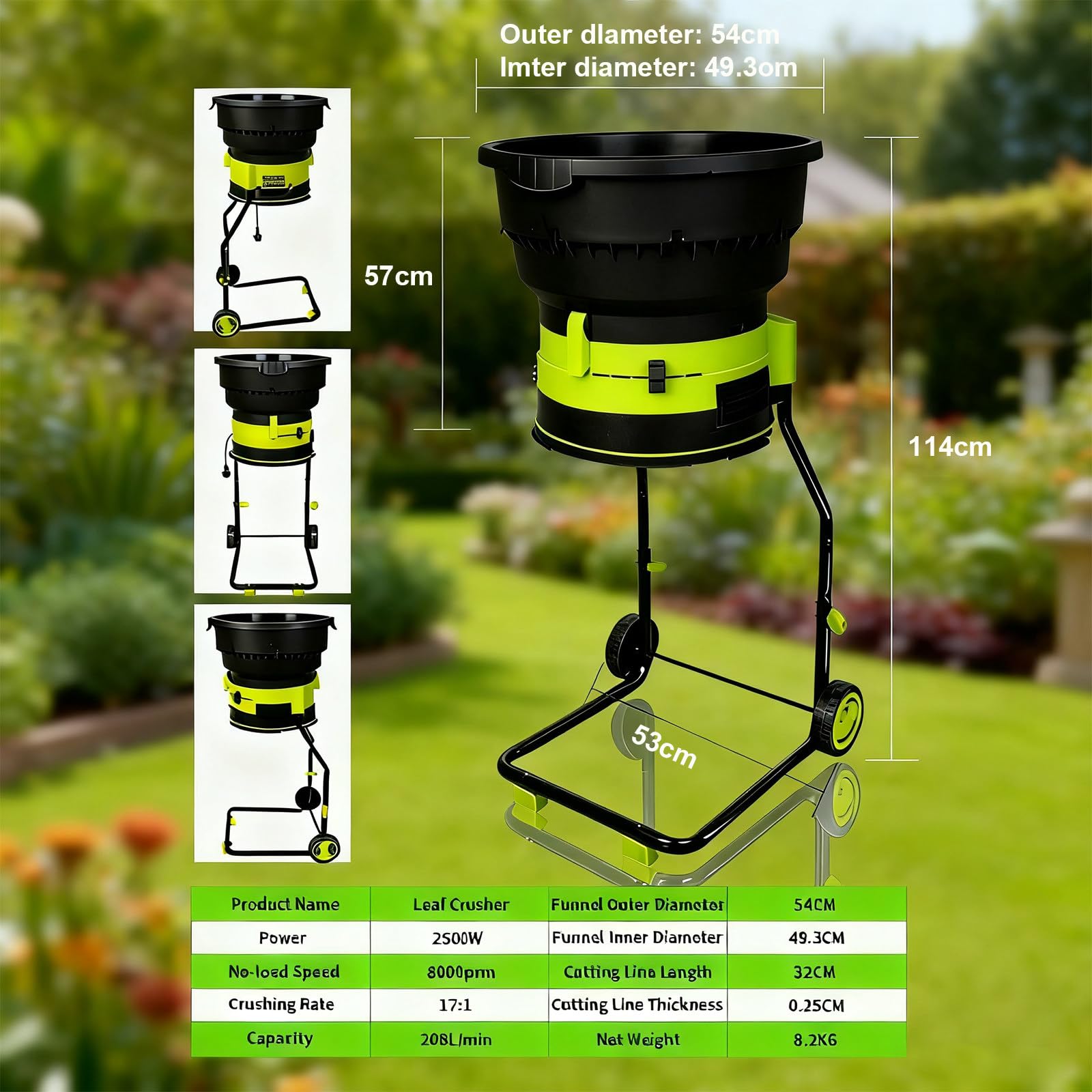 Trituradora de Hojas eléctrica de 2500 W Corte sin Cuchillas Ruedas de Embudo de 54 cm y Bolsa de Almacenamiento para Madera y residuos de jardín. 60mpowercord