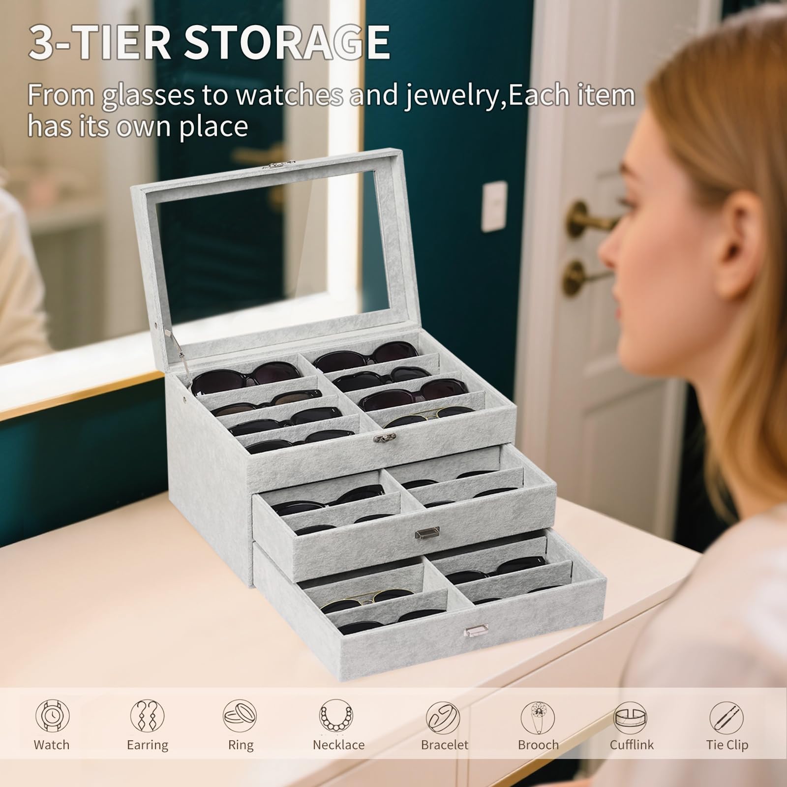 AUTOARK Aufbewahrungsbox für Brillen und Sonnenbrillen,mit durchsichtigem Deckel,verschließbar,24 Stück,MKAW049 | Weiches Eissamtfutter, Glasplatte, große Schublade, Brillenetui, Geschenk für Männer und Frauen