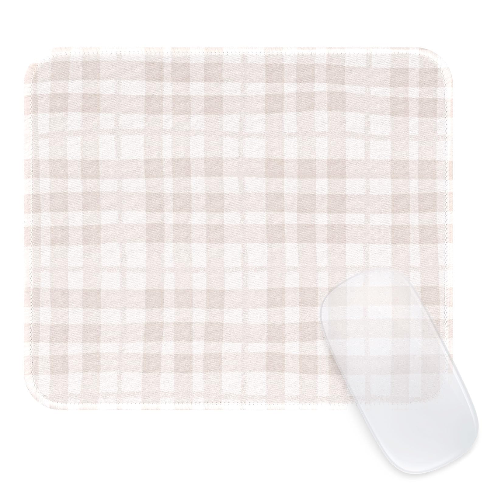 Square Cute Striped Mouse Pad with Stitched Edge, Premium Waterproof Cloth Aesthetic Small Mouse Mat, Non-Slip Rubber Base Simple Funny Mousepad Desk Accessories,Khaki Checkerboard
