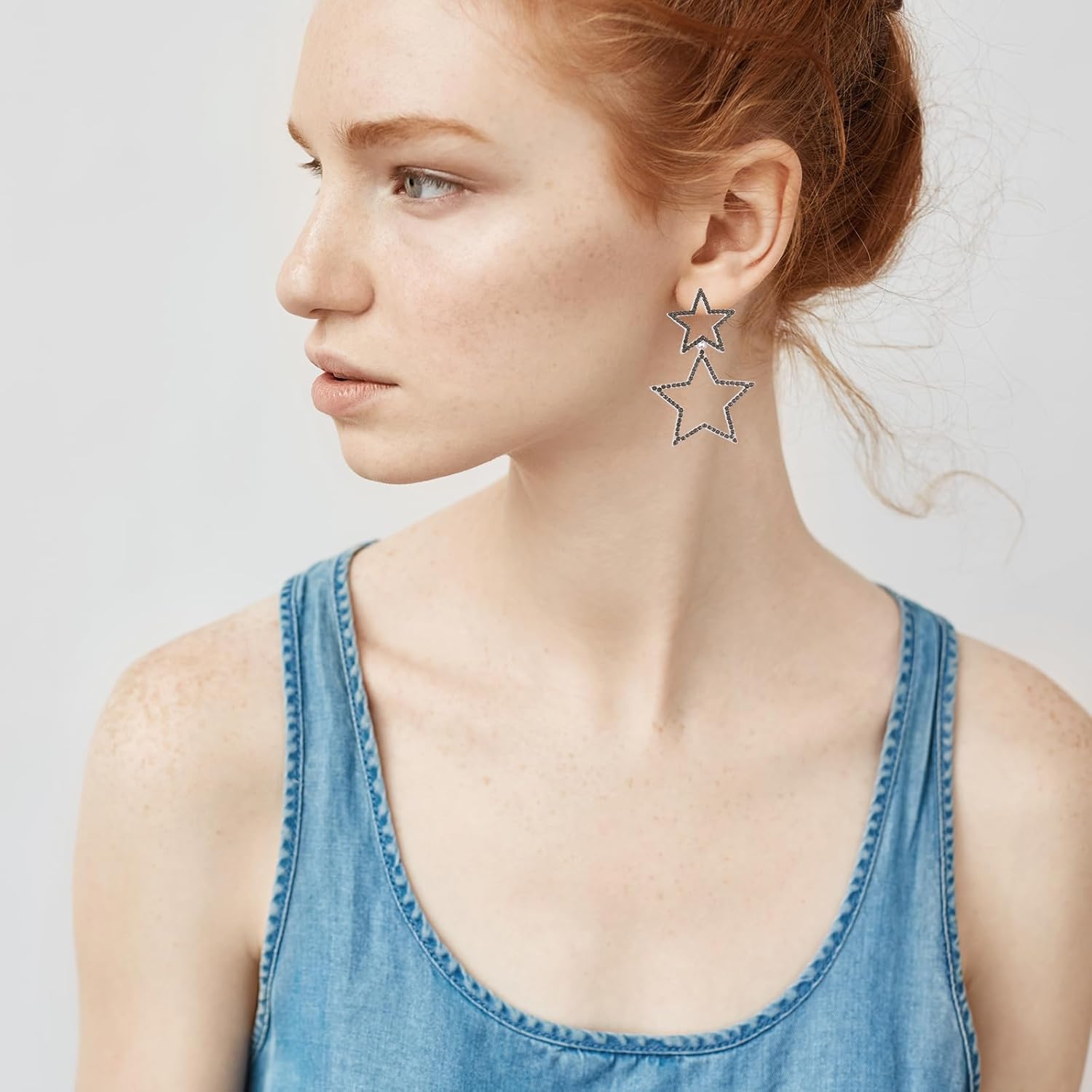 Star Earrings for Women Sparkle Rhinestone Big Star Drop Dangle Earrings Hollow Dangling Earrings Long Double Stud Earrings Jewelry for Lightweight Festival Birthday Party - Image 3
