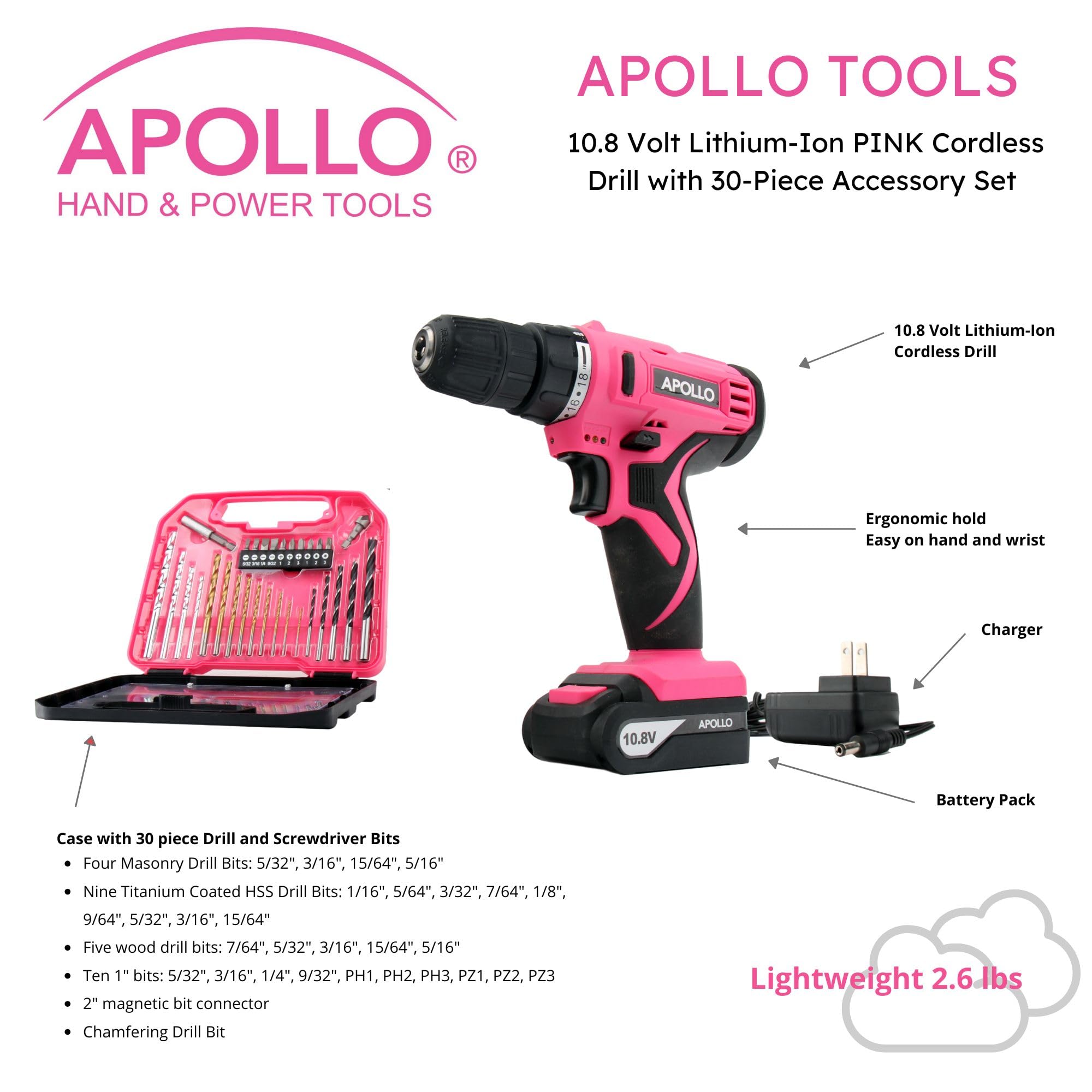 Apollo Tools Potente taladro inalámbrico de iones de litio de 10,8 V