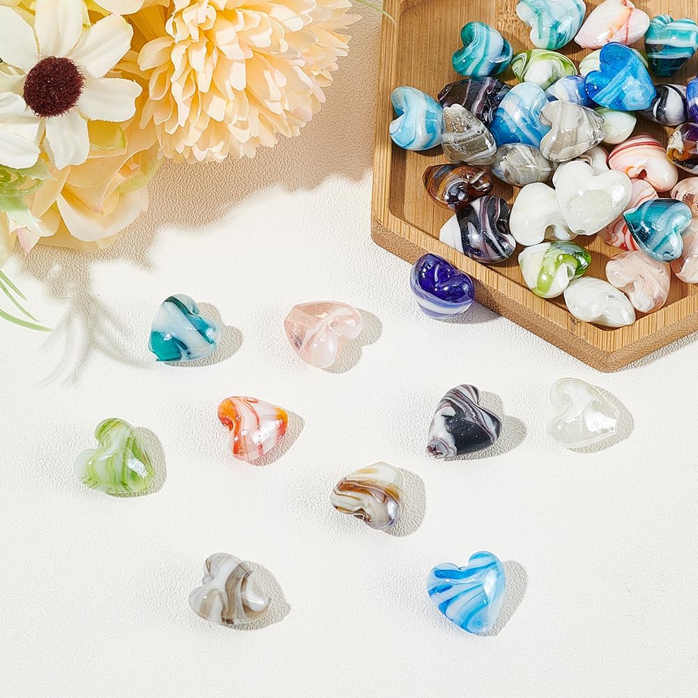 WADORN 50Pcs Handmade Heart Lampwork Beads, 10 Colors Heart Shape Glass Loose Spacer Charms for Jewelry Making Crafts Handmade Glass Beads for DIY Bracelet Neclace Crafting Finding 15.5-16.5mm
