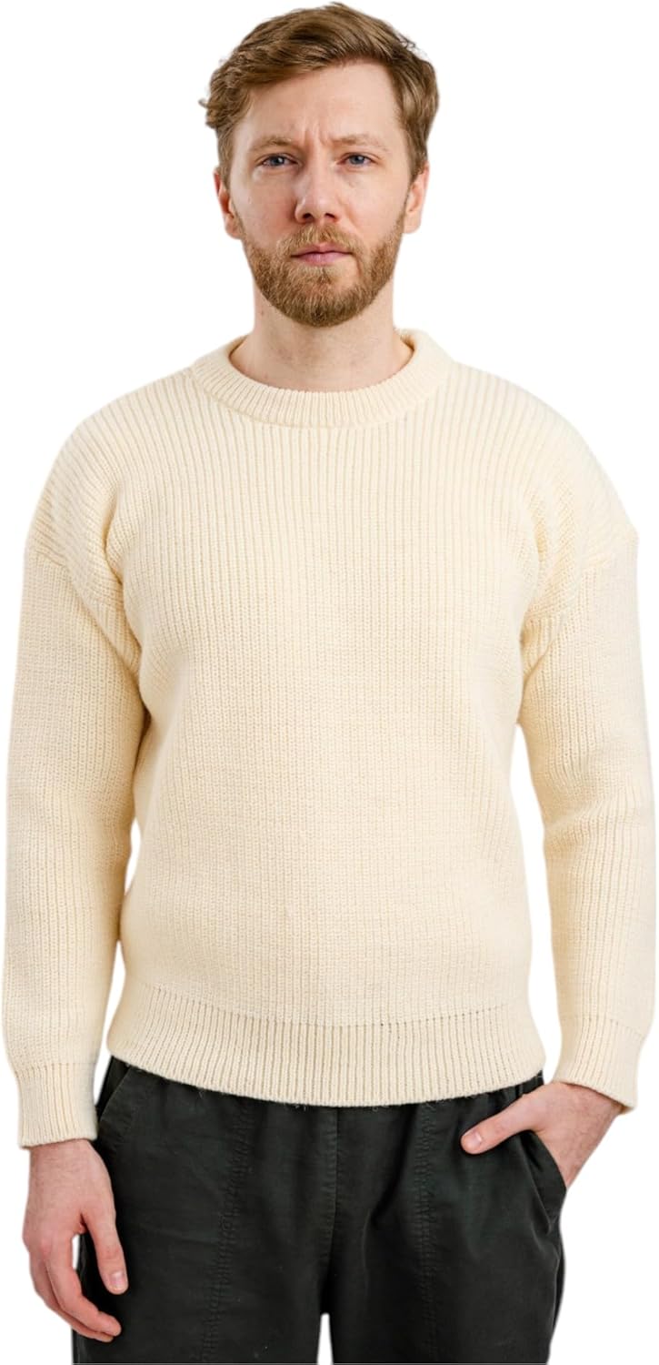 100% Wool Fisherman Sweater for Men, Traditional Aran Crew Neck Knit Pullover, Made in Ireland