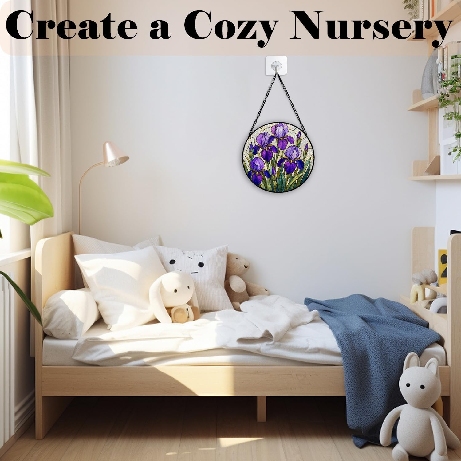 GZV Purple Irises Floral Stained Glass Window Hanging Suncatcher 7.9in