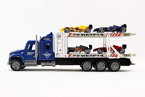 Miniatura 7 de Vokodo Remolque de camión de juguete alimentado por fricción de 14.5 pulgadas con cuatro autos de carreras de Fórmula 1, para niños, empujan y van a