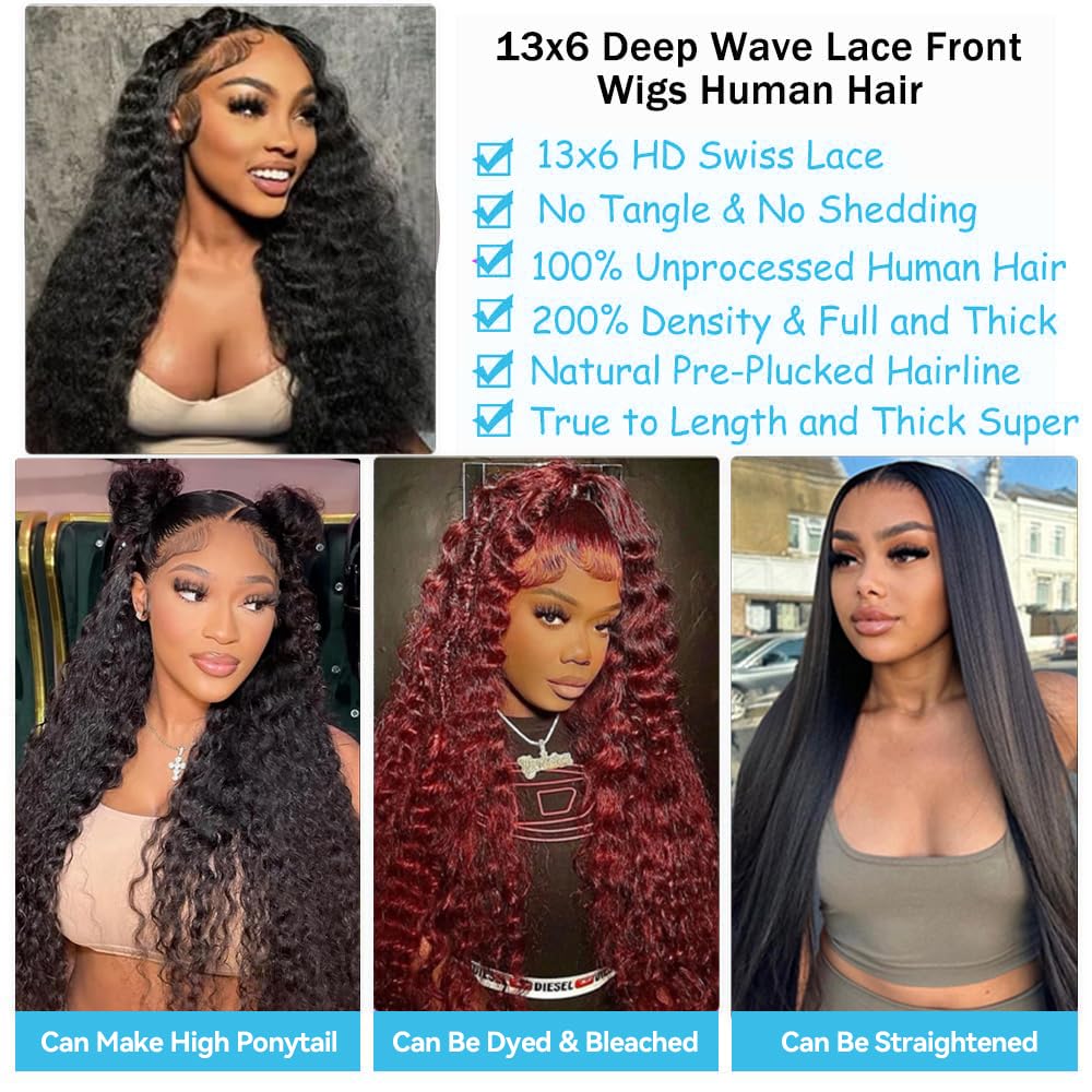 30 Inch Deep Wave Lace Front Wigs Human Hair 13x6 HD Lace Front Wigs Pre Plucked Deep Curly Human Hair Wig 200 Density Glueless Frontal Wigs For Black Women