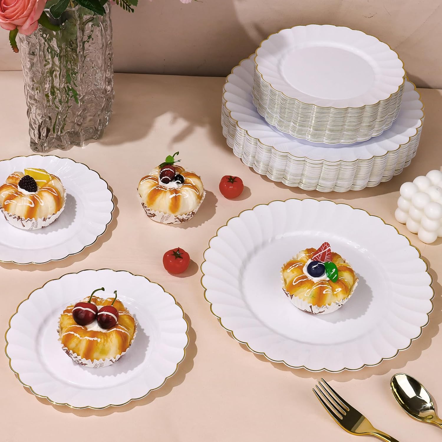 50 Pcs White Scalloped Plastic Plates with Gold Rim Disposable Fancy Decorative Elegant Party Plates 25pcs Heavy Duty Dinner Plate 10" 25pcs Dessert Plate 7.5" Perfect for Wedding Baby Shower