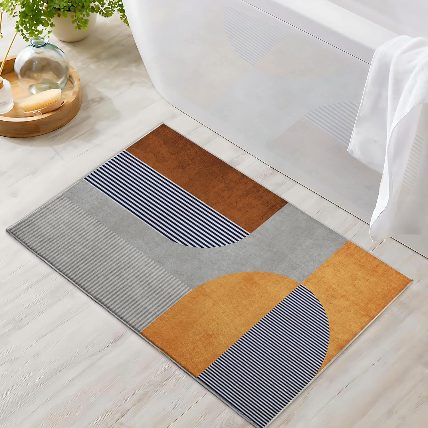 Geometric Area Rug 3x5 Orange Grey Abstract Modern Carpet Washable Door Mat Low Pile Indoor Outdoor Floor Rugs Boho Soft Non Slip Rug for Entryway Bathroom Bedroom Beside Kitchen Home Decor 3'x5'