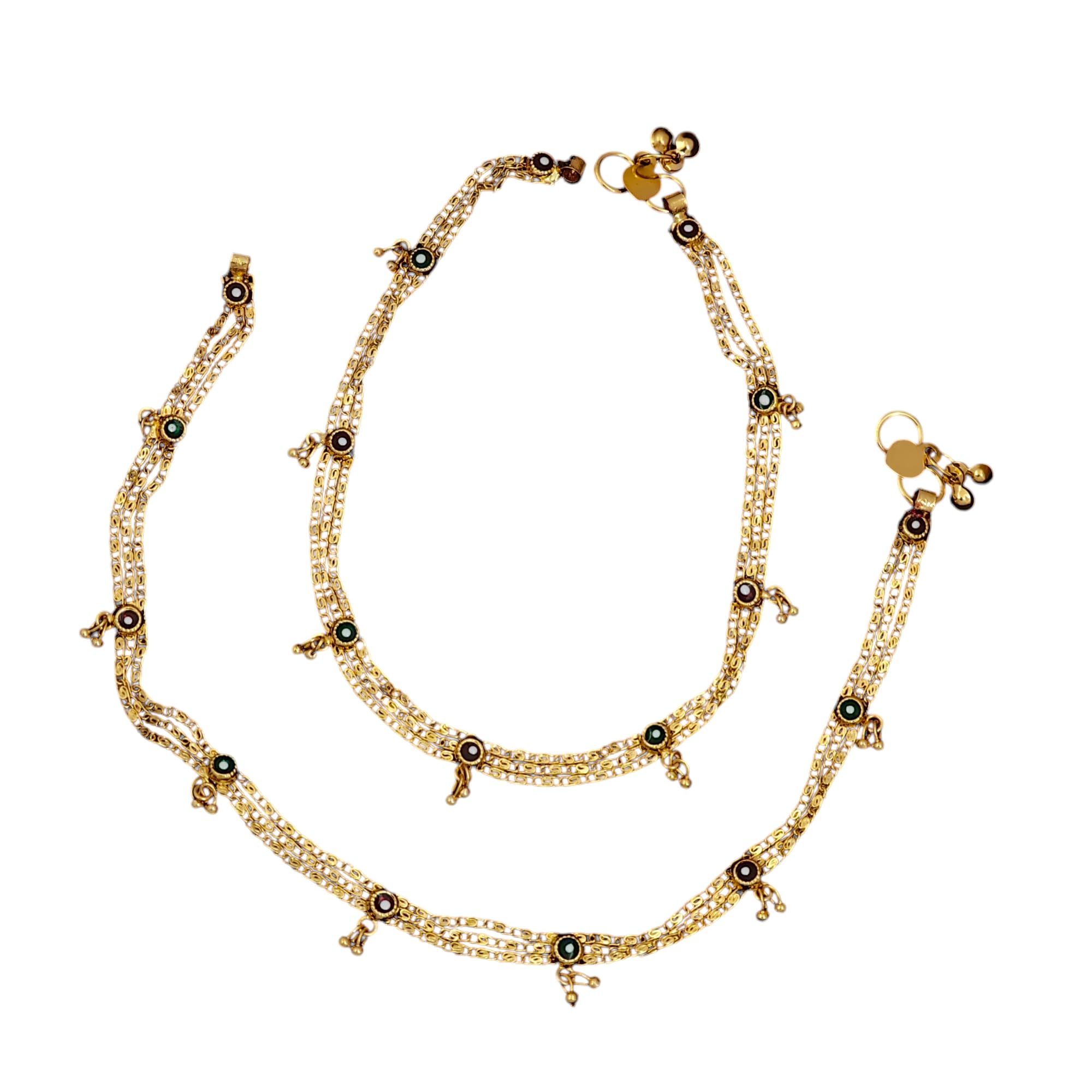 Traditional Gold-Plated Anklets with Evil Eye Design, Double Chain, Small Bells, Pair-picture-26