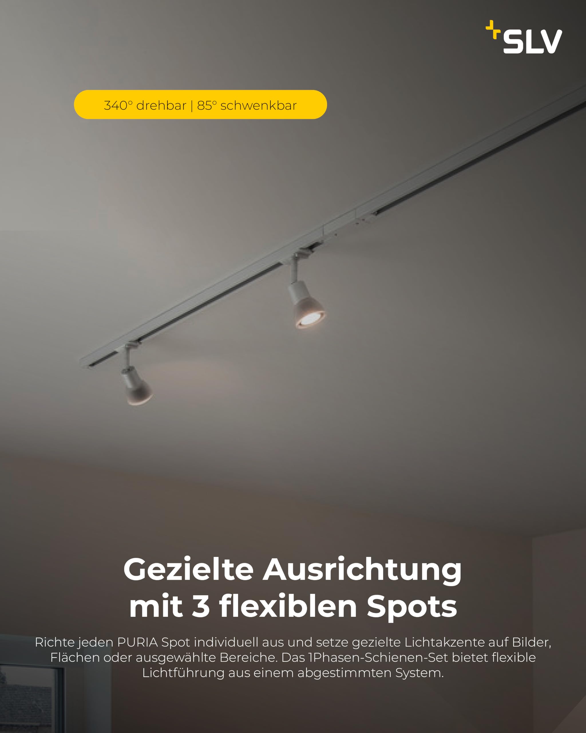 SLV LED Schienensystem PURIA, Starter Set, 1Phasen Schienen-Leuchte zur individuellen Innen-Beleuchtung, dreh- und schwenkbare Decken-Spots, Strahler-Schiene, Deckenstrahler, Decken-Lampe, 3x GU10