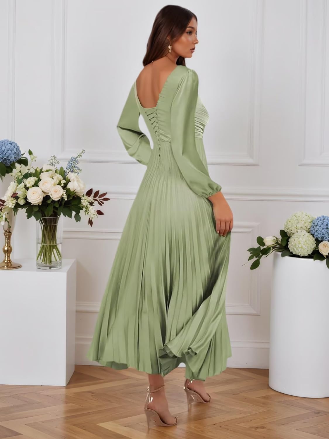 Long Sleeves Wedding Guest Dresses V Neck Pleated Satin Bridesmaid Dress Maxi Formal Gowns - Image 5