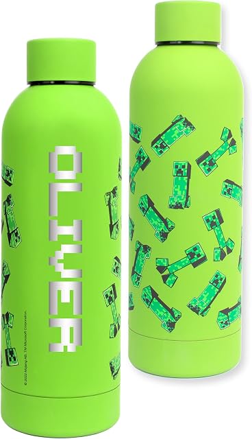 Minecraft - Personalised Water Bottles For Kids - Stainless Steel Water Bottle - Leakproof Water Bottle - BPA Free Water Bottle - 700ML - Green
