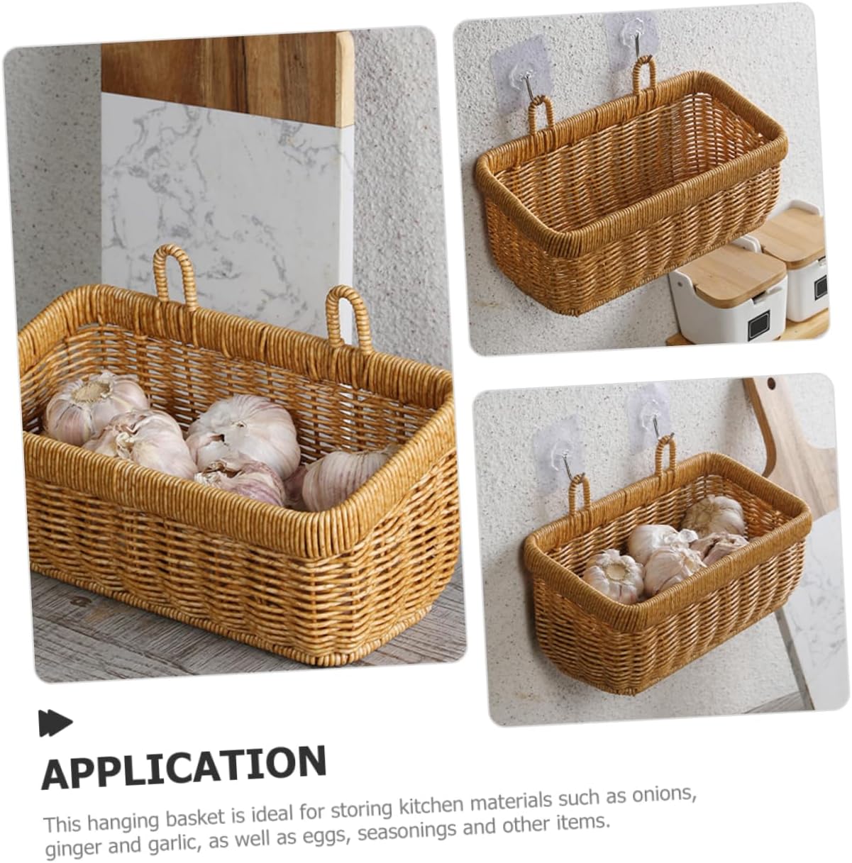 Woven Hanging Basket for Kitchen Wall Decor Rustic Rattan Storage Basket with Handle for Ginger Garlic Small Wall Mounted Organizer for Farmhouse Style Baskets