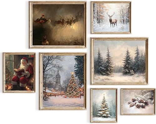 TWNSLLA Decoración de pared de Navidad, impresiones artísticas vintage de Navidad de 7, pósteres retro de árbol de Navidad, paisaje nevado de