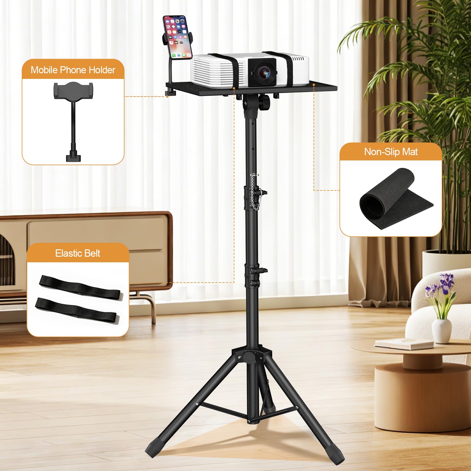 Projektor Stativ von 91 bis 119 cm, Höhenverstellbarer Laptop Stativ mit Gooseneck Telefon Halter, Universal Projektor Stativ für Heimkino, Bühne, Büro, DJ Racks