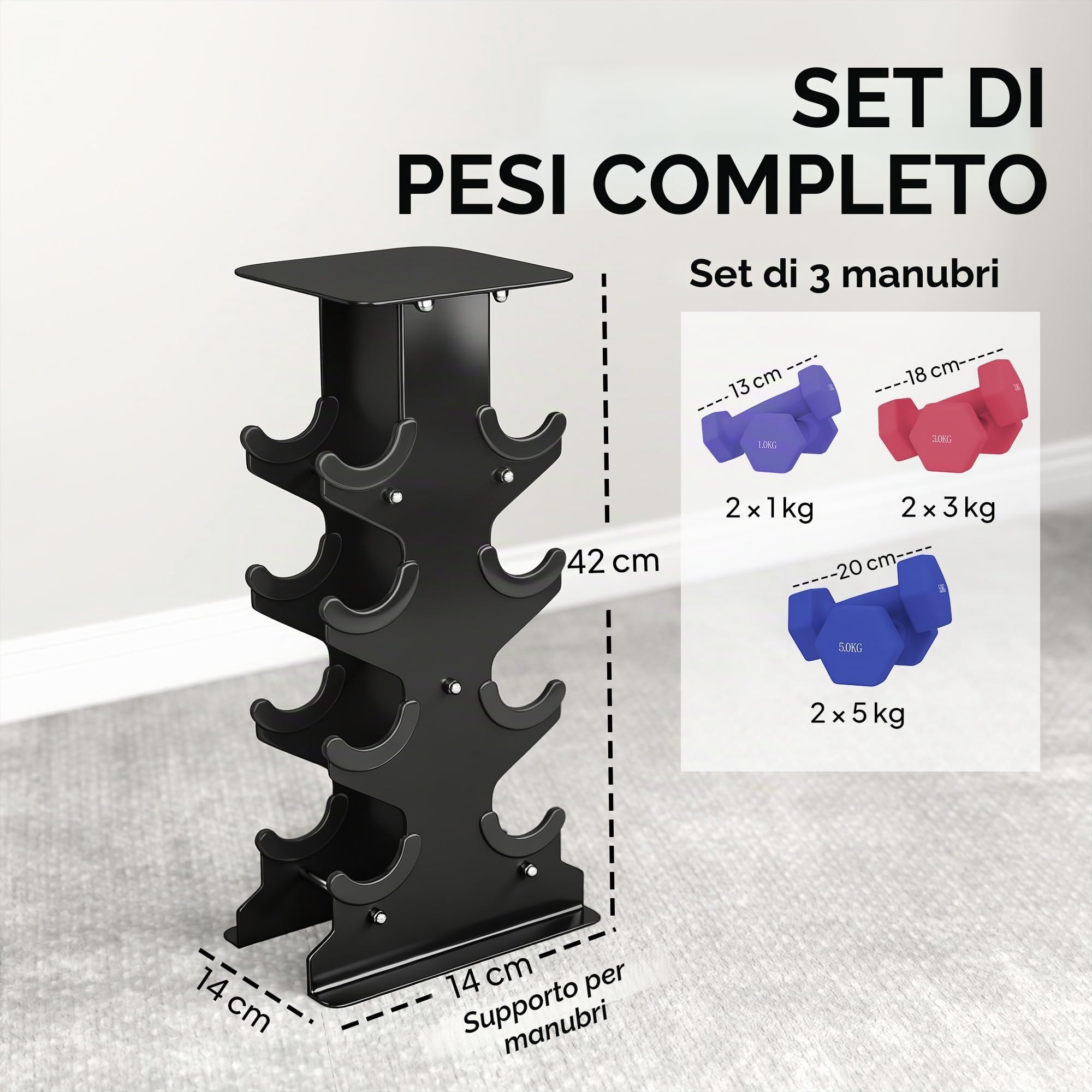 SPORTNOW Set di 3 paia di manubri con supporto antiscivolo, 1-5 kg, set di manubri esagonali per allenamento a casa, palestra