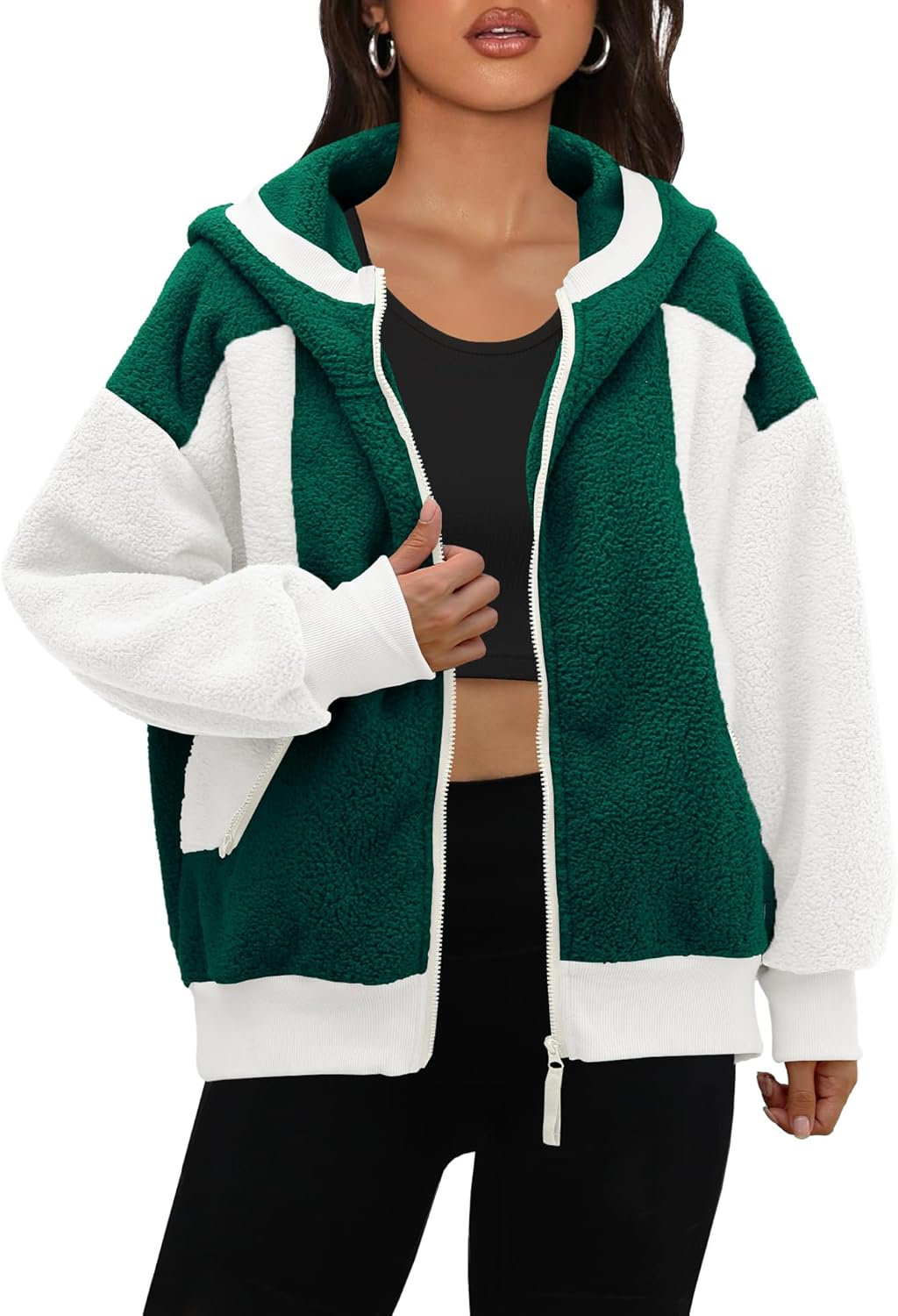 Panadila Womens Fuzzy Fleece Jacket Zip Up Oversized Hoodie Sherpa Warm Coats Color Block Top Outerwear with Pockets